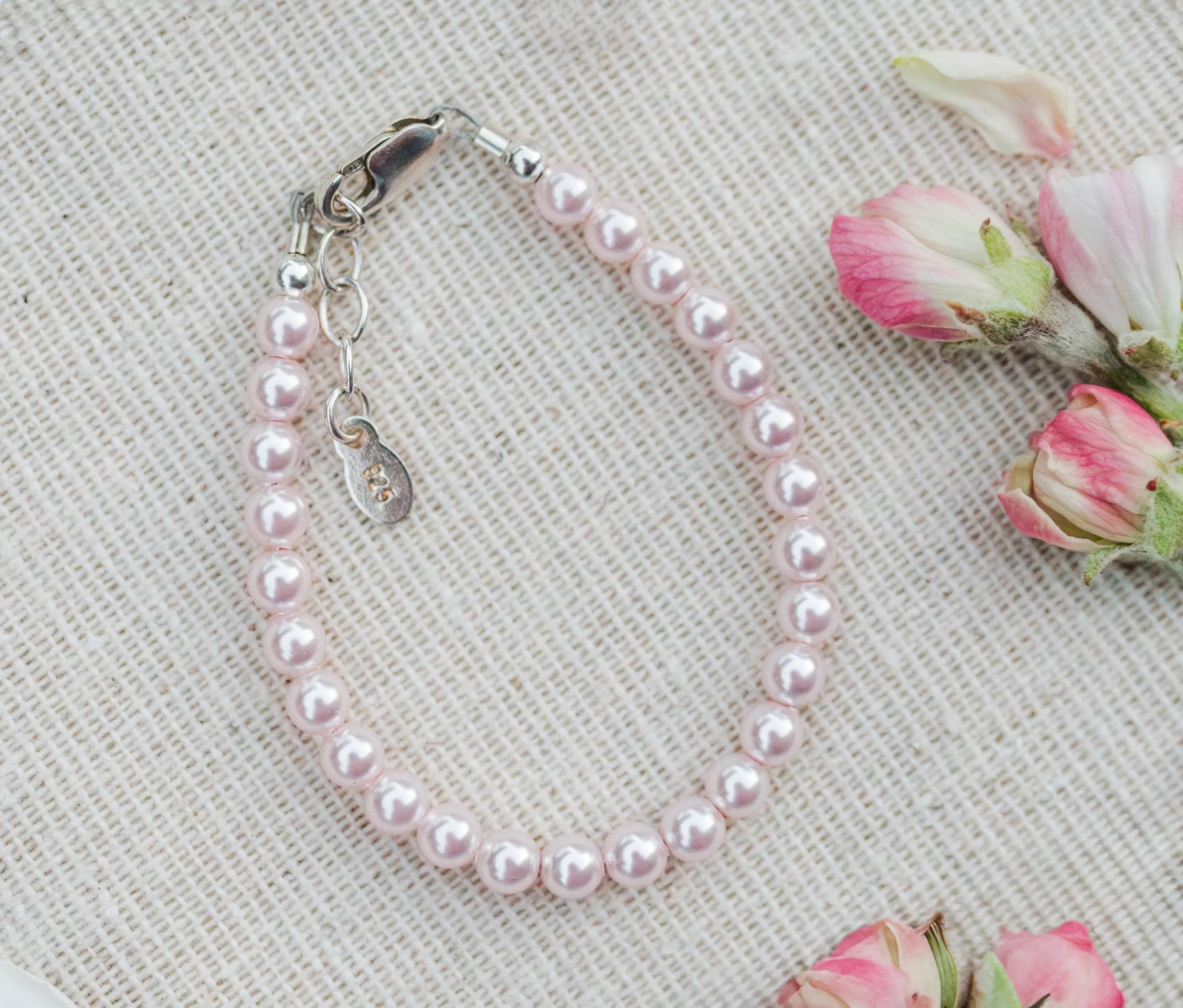 Sterling Silver Pink Simulated Pearl Bracelet Infant Baby Gift for Toddlers, Kids and Little Girls
