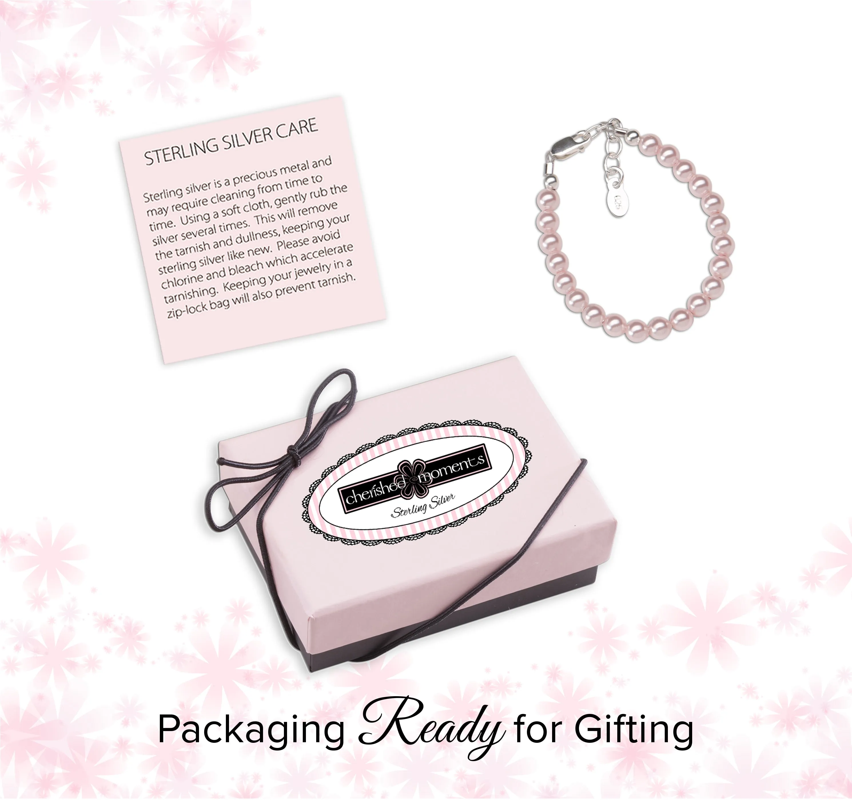 Sterling Silver Pink Simulated Pearl Bracelet Infant Baby Gift for Toddlers, Kids and Little Girls
