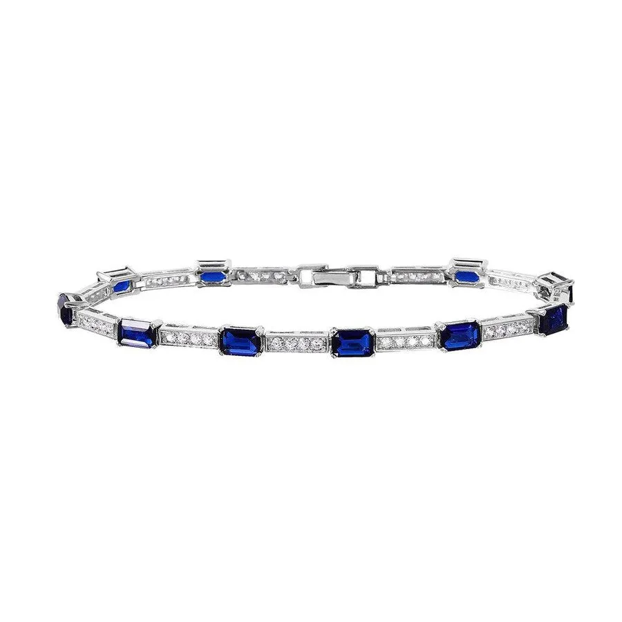 Sterling Silver Rhodium Plated Clear and Blue CZ Tennis Bracelet