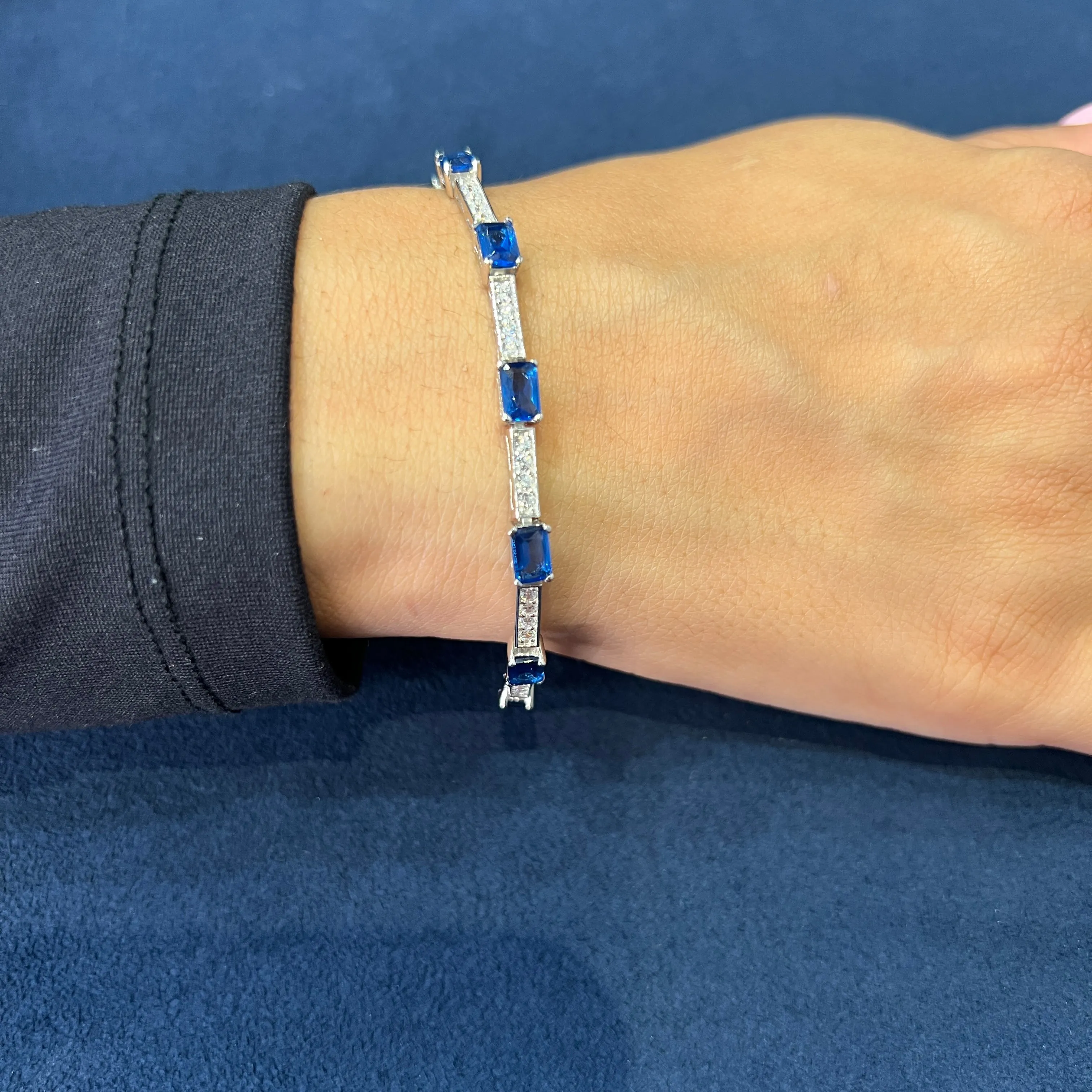Sterling Silver Rhodium Plated Clear and Blue CZ Tennis Bracelet