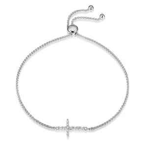 Sterling Silver Rhodium Plated CZ Sideways Cross Adjustable Bracelet