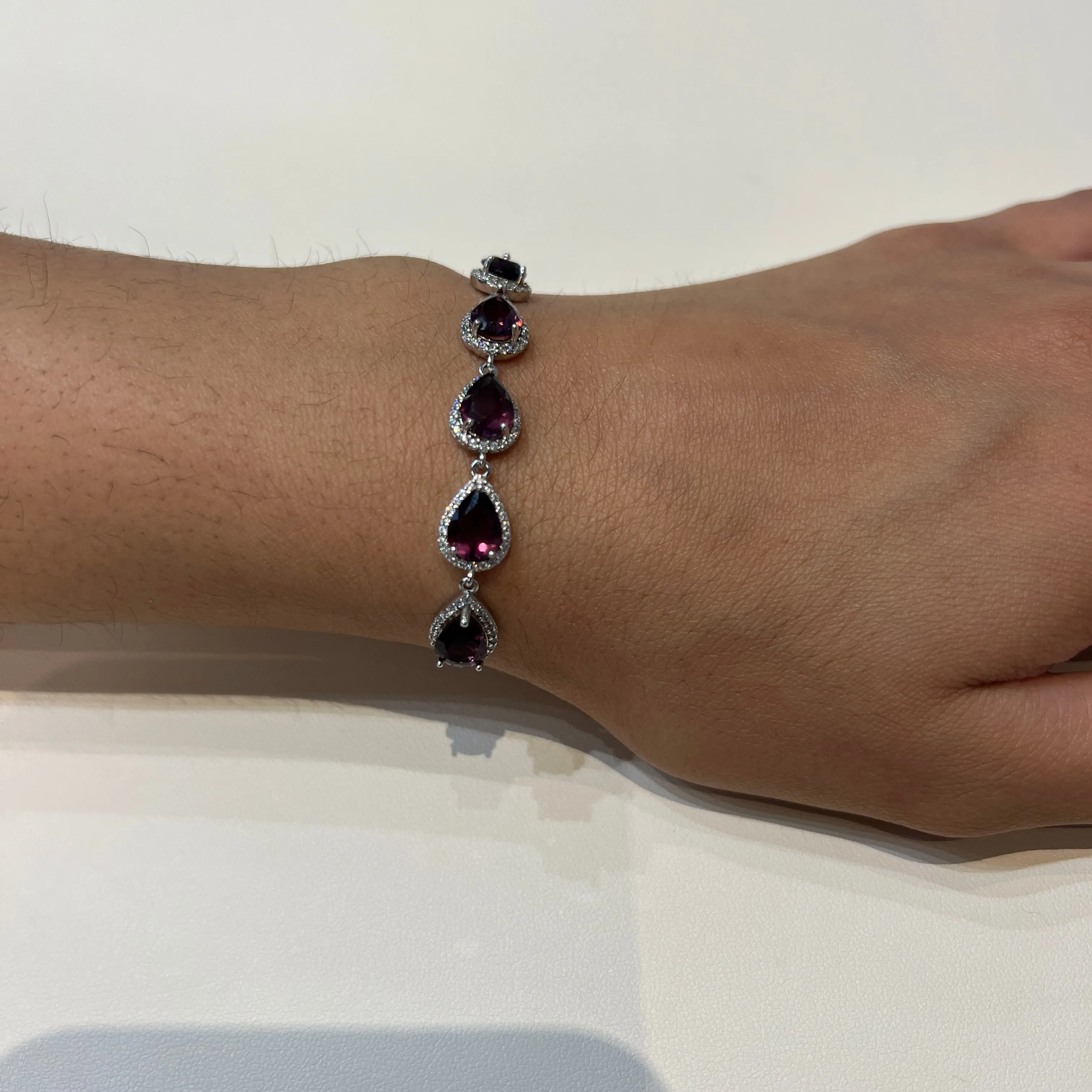 Sterling Silver Rhodium Plated Purple and Clear CZ Bolo Bracelet