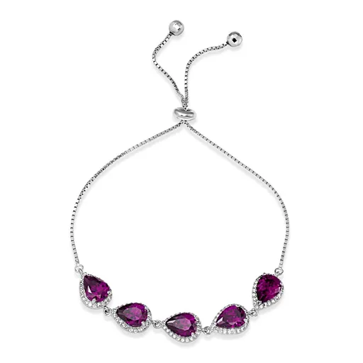 Sterling Silver Rhodium Plated Purple and Clear CZ Bolo Bracelet