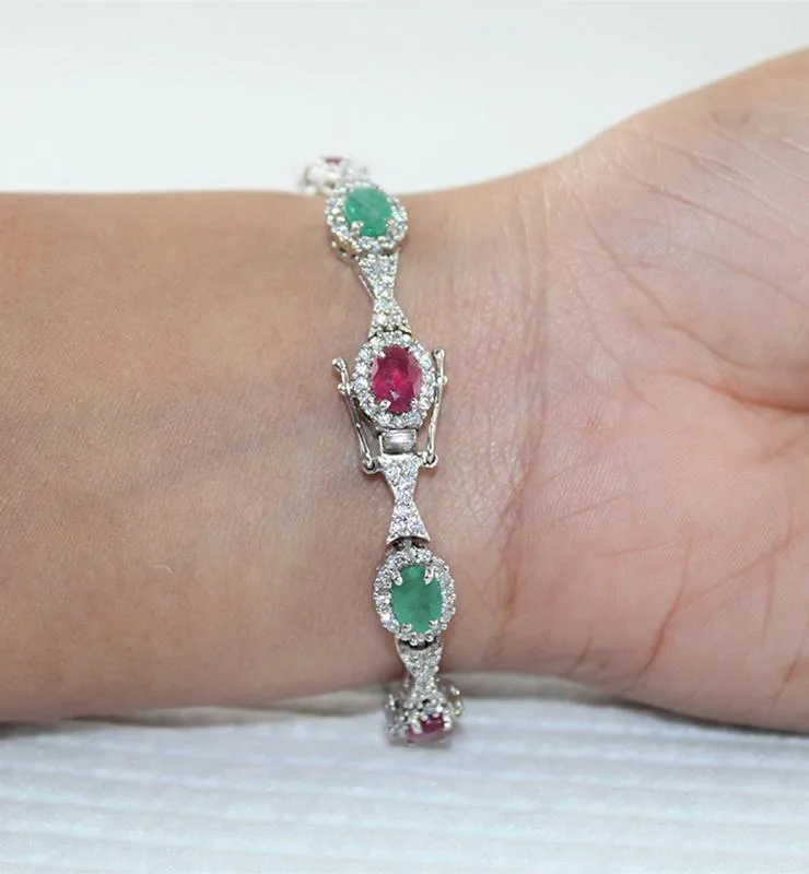 Sterling Silver Ruby and Emerald Bracelet with Cubic Zirconia
