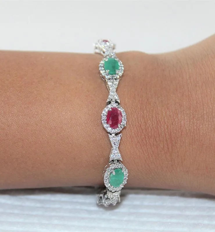 Sterling Silver Ruby and Emerald Bracelet with Cubic Zirconia