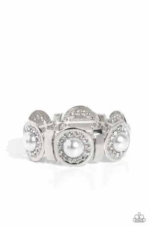 Summer Serenade - White - Oversized Pearl Rhinestone Halo Paparazzi Stretchy Bracelet - June 2023 Life of the Party Exclusive