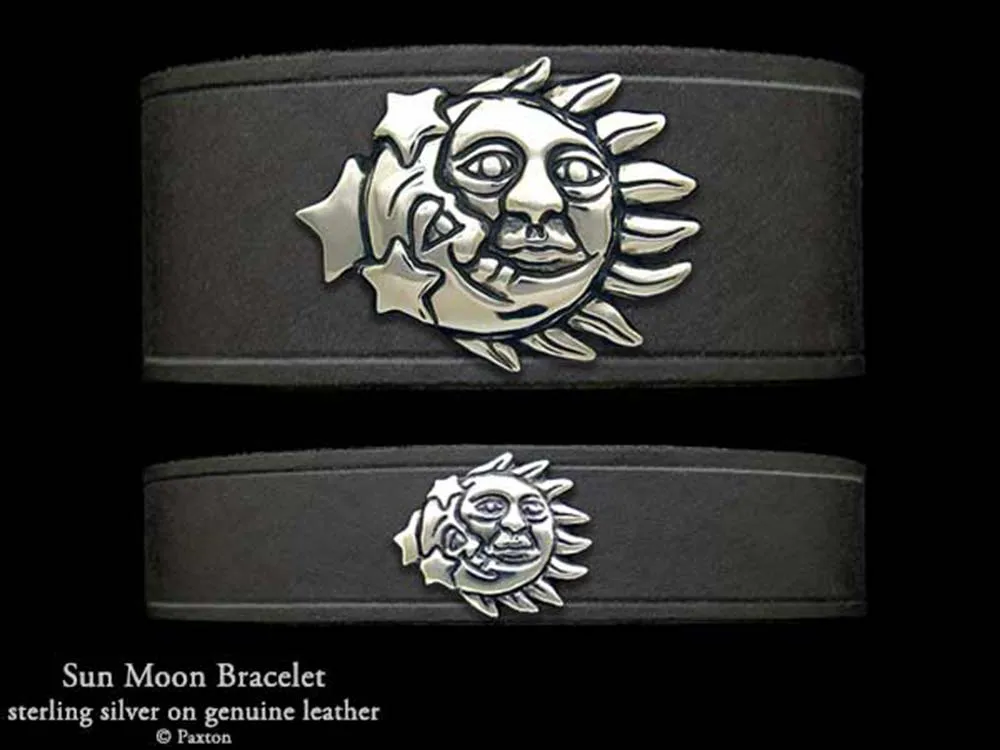 Sun Moon Bracelet Sterling Silver on Genuine Leather
