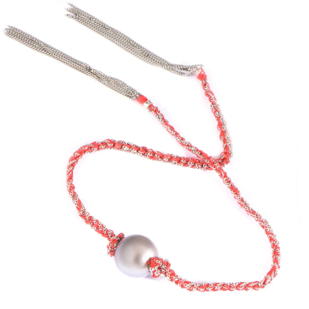 Tahitian Pearl Braided Chain and Silk Wrap Bracelet