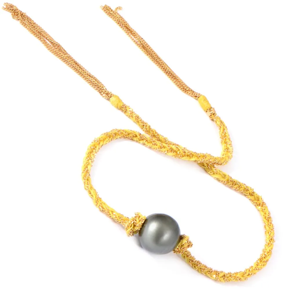 Tahitian Pearl Braided Chain and Silk Wrap Bracelet