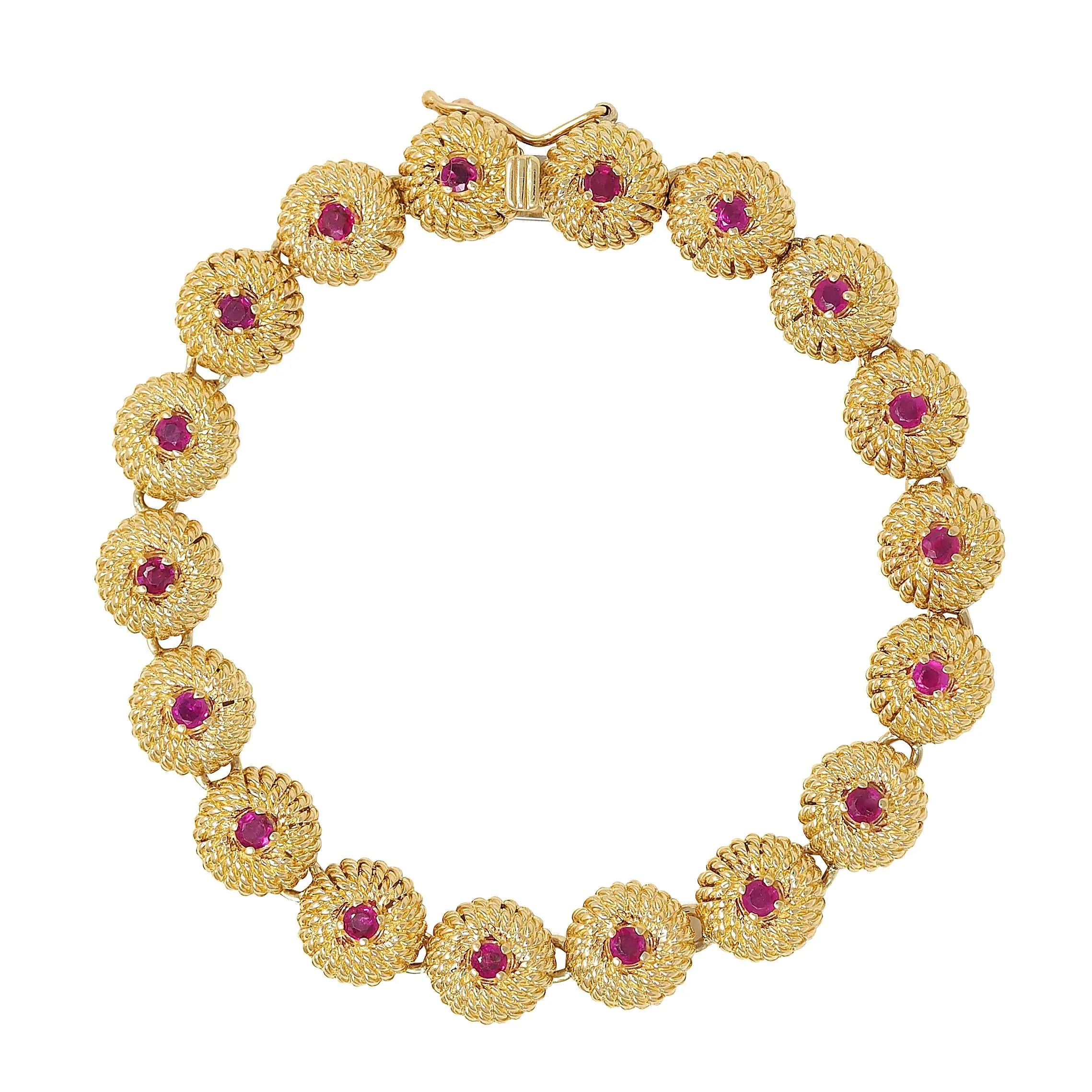 Tiffany & Co. 1960's Ruby 18 Karat Yellow Gold Vintage Twisted Rope Link Bracelet