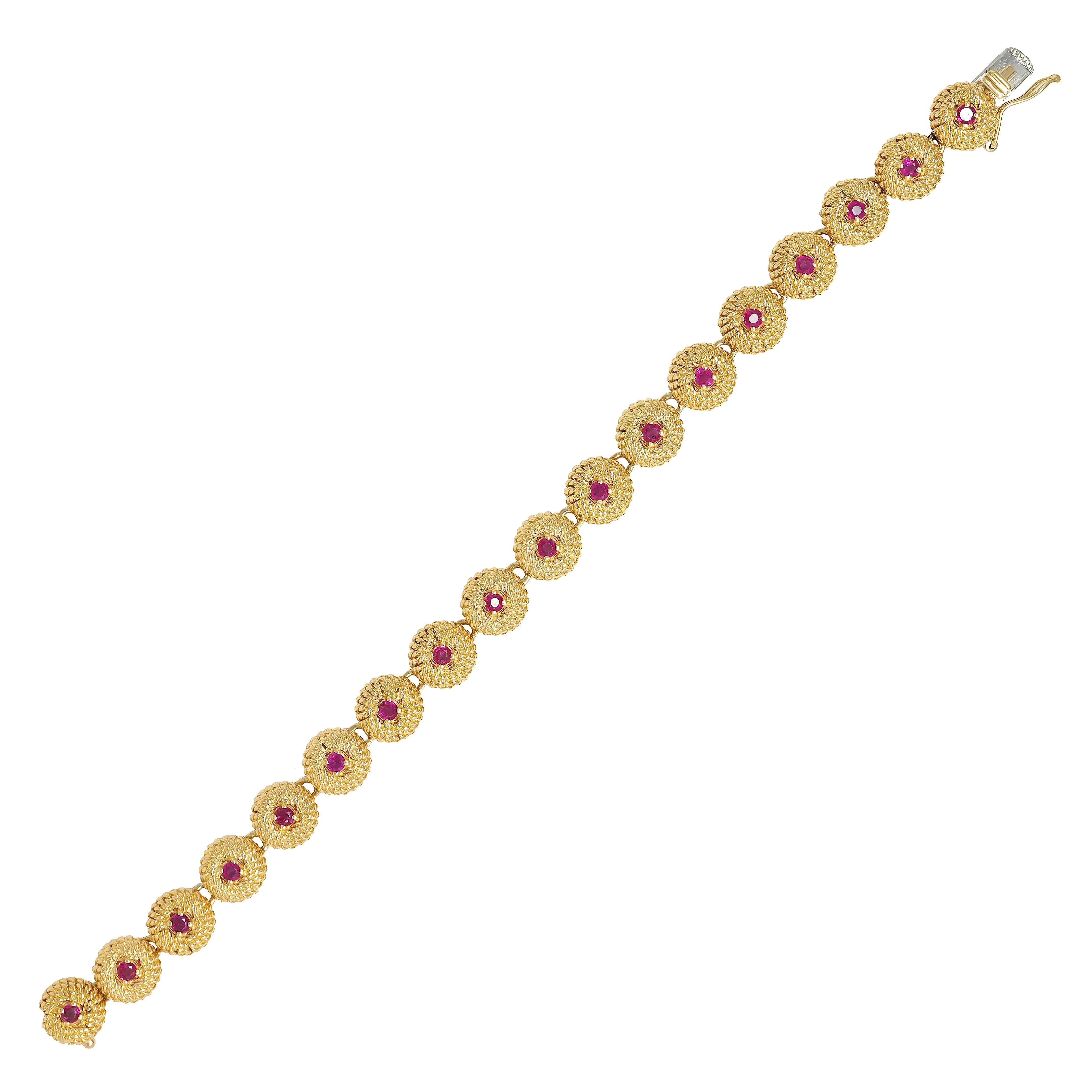 Tiffany & Co. 1960's Ruby 18 Karat Yellow Gold Vintage Twisted Rope Link Bracelet