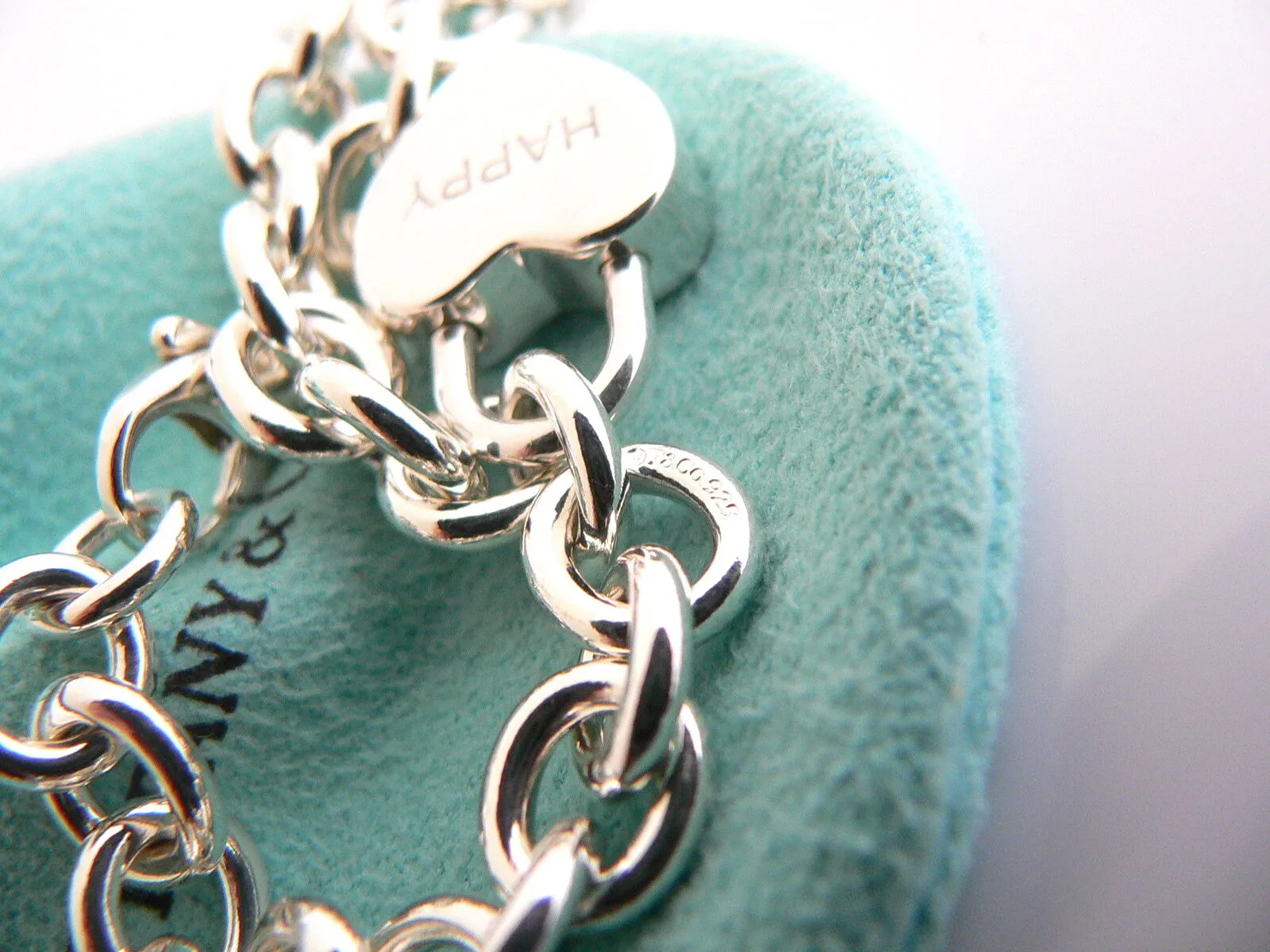 Tiffany & Co Silver HAPPY Heart Padlock Bracelet Bangle Charm Gift Pouch Love