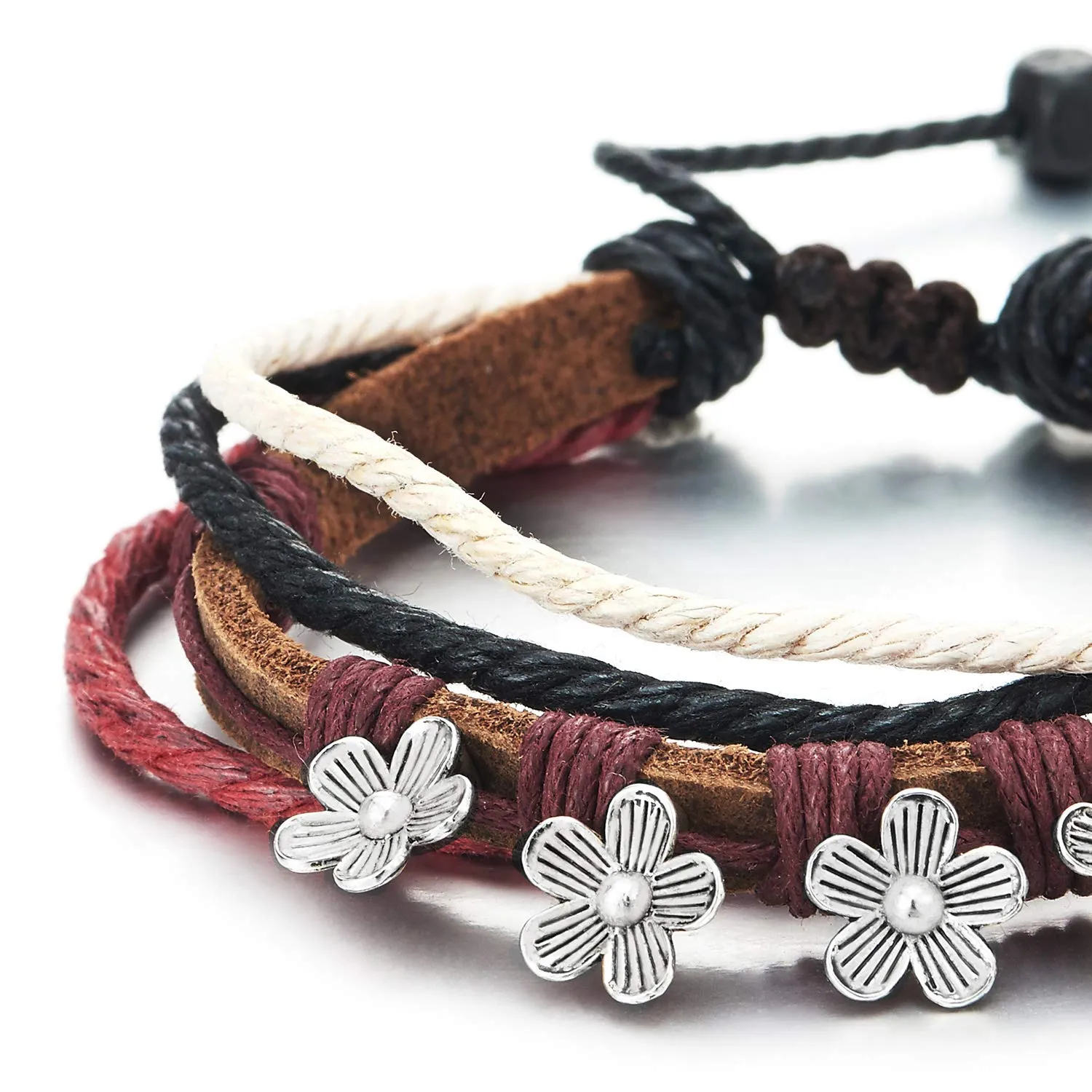 Tribal Multi-Strand Brown Leather Cotton Strap Wristband Bracelet with Flower Charm, Colorful Cotton