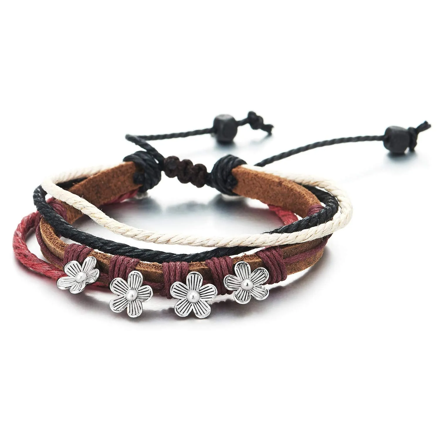 Tribal Multi-Strand Brown Leather Cotton Strap Wristband Bracelet with Flower Charm, Colorful Cotton