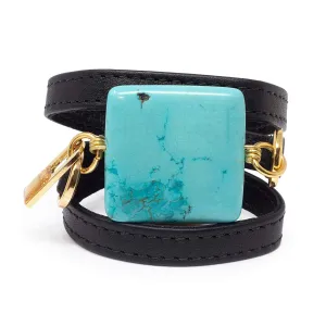 Triple Wrap Black Leather Bracelet with Turquoise Stone