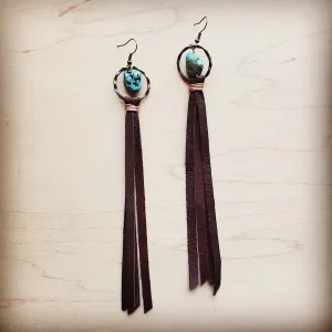 Turquoise Drop Earrings w/ Brown Leather Tassel