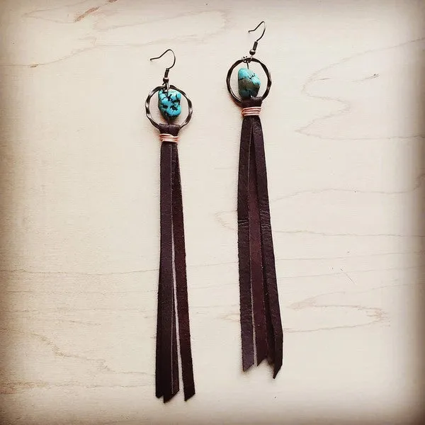 Turquoise Drop Earrings w/ Brown Leather Tassel