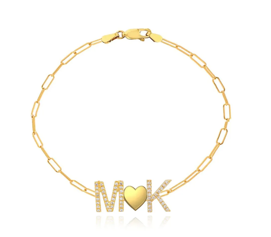 Two Pave Initials and Gold Charm Paperclip Bracelet