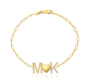 Two Pave Initials and Gold Charm Paperclip Bracelet