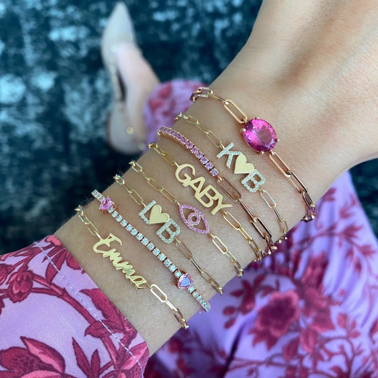 Two Pave Initials and Gold Charm Paperclip Bracelet