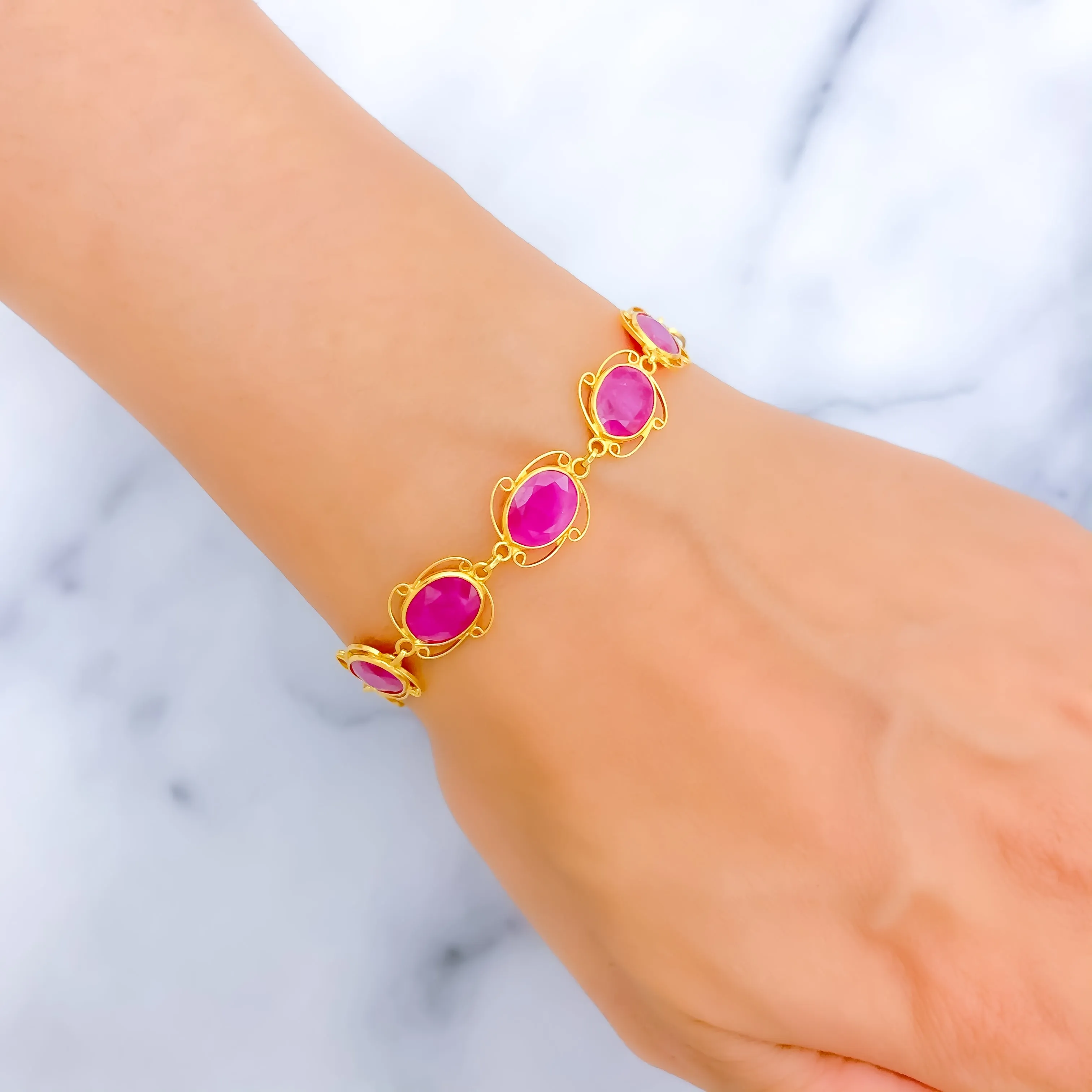 Vibrant Oval Ruby Motif 22k Gold Bracelet