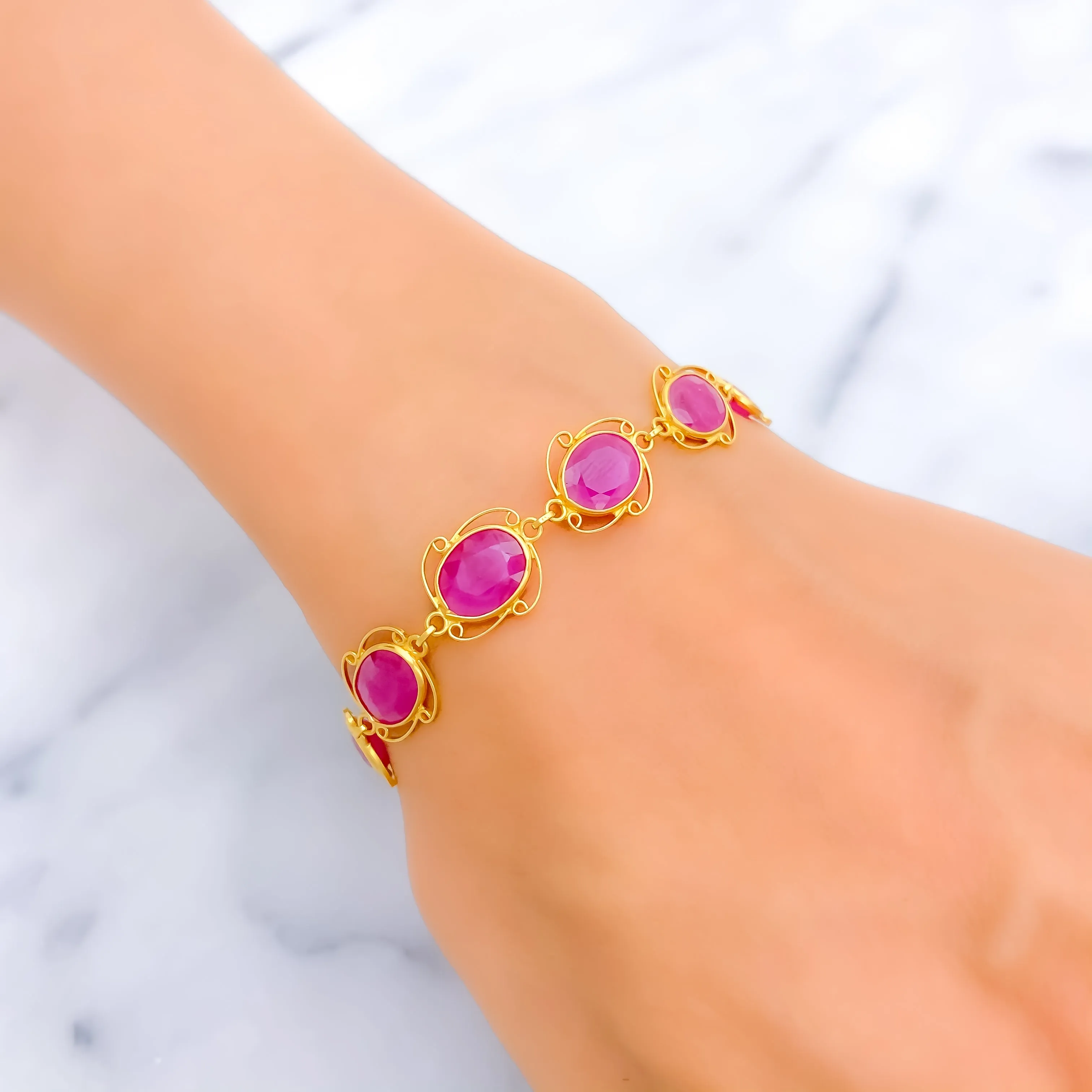 Vibrant Oval Ruby Motif 22k Gold Bracelet