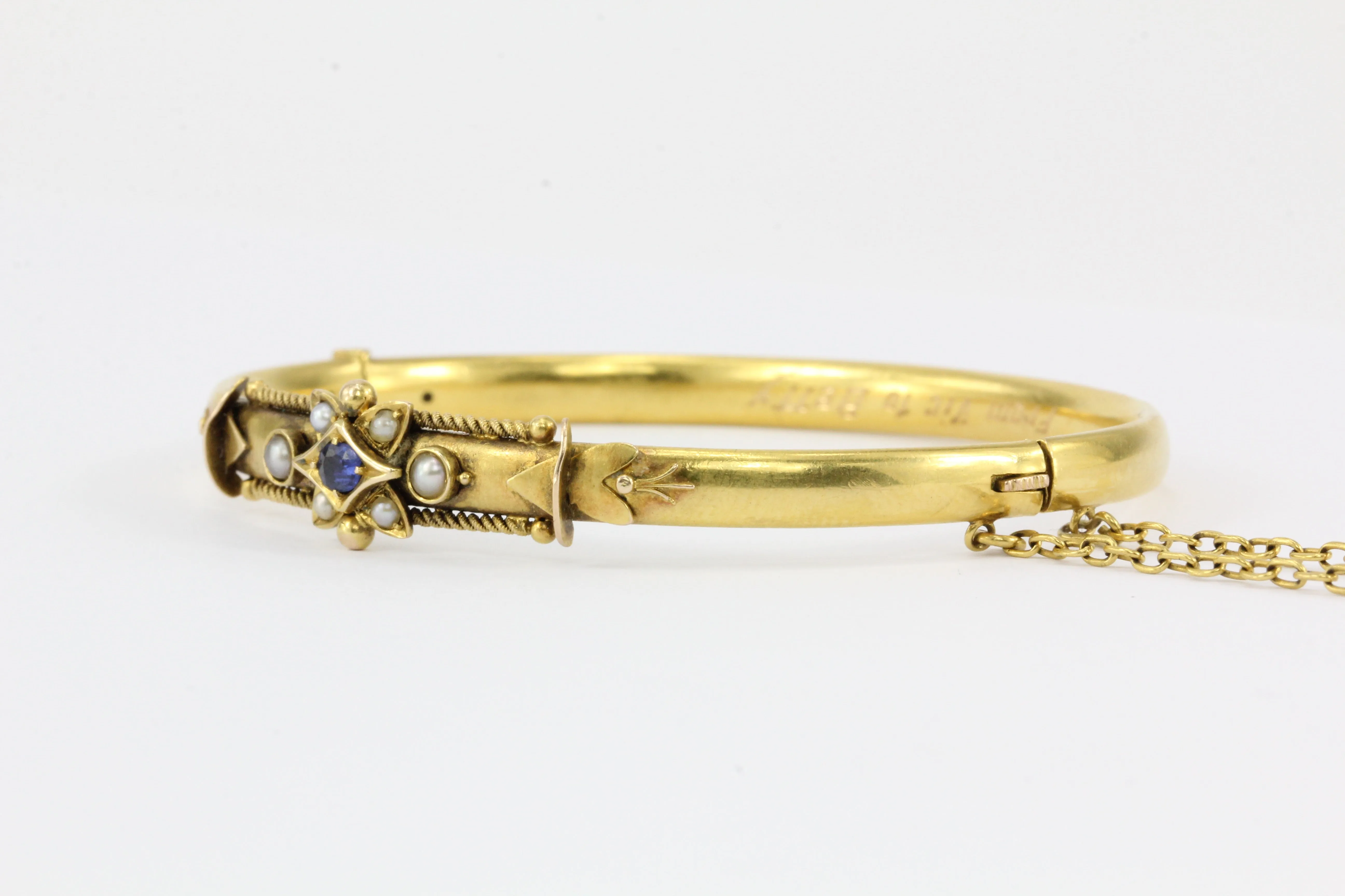 Victorian 15 CT Yellow Gold Sapphire and Seed Pearl Bangle Bracelet