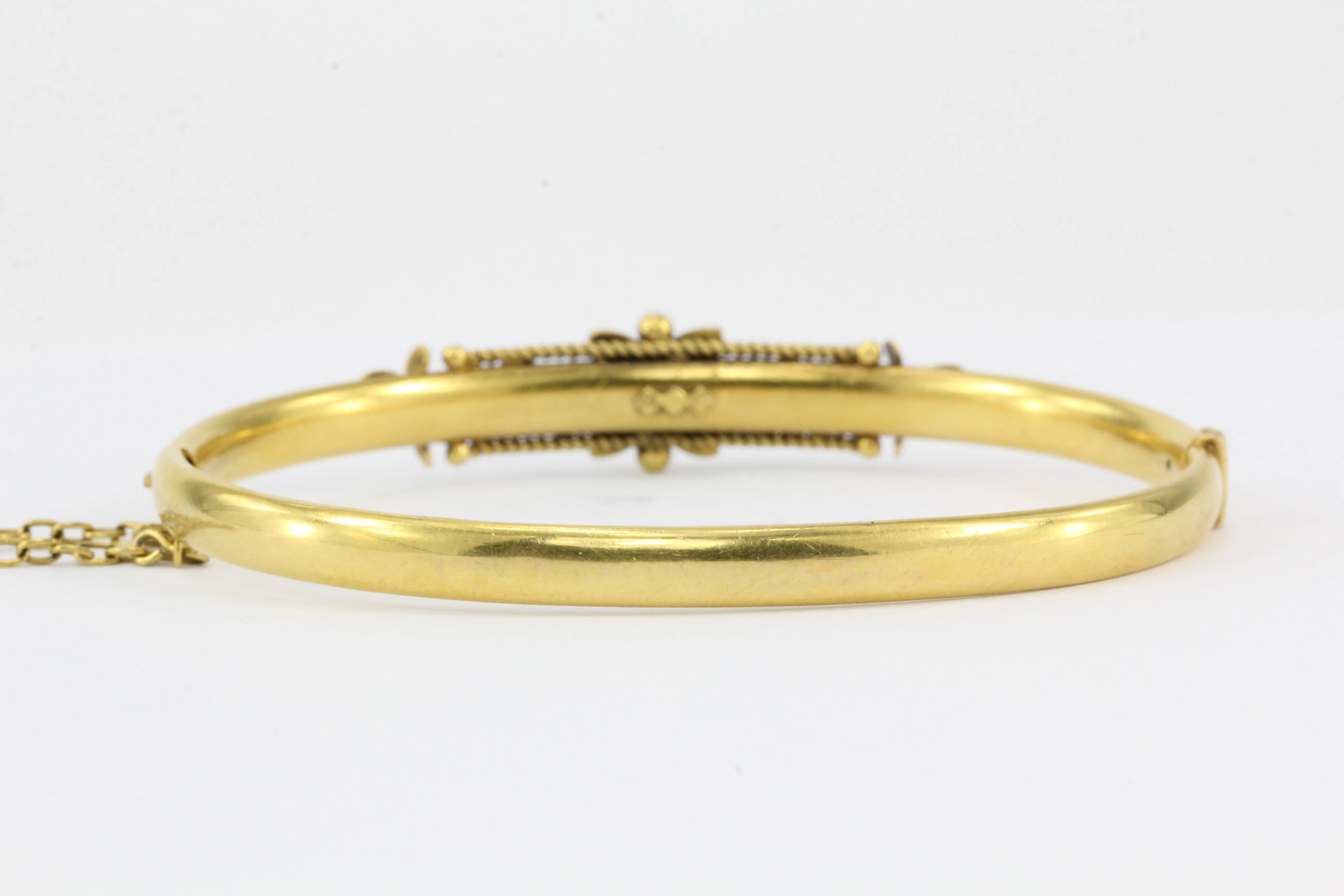 Victorian 15 CT Yellow Gold Sapphire and Seed Pearl Bangle Bracelet
