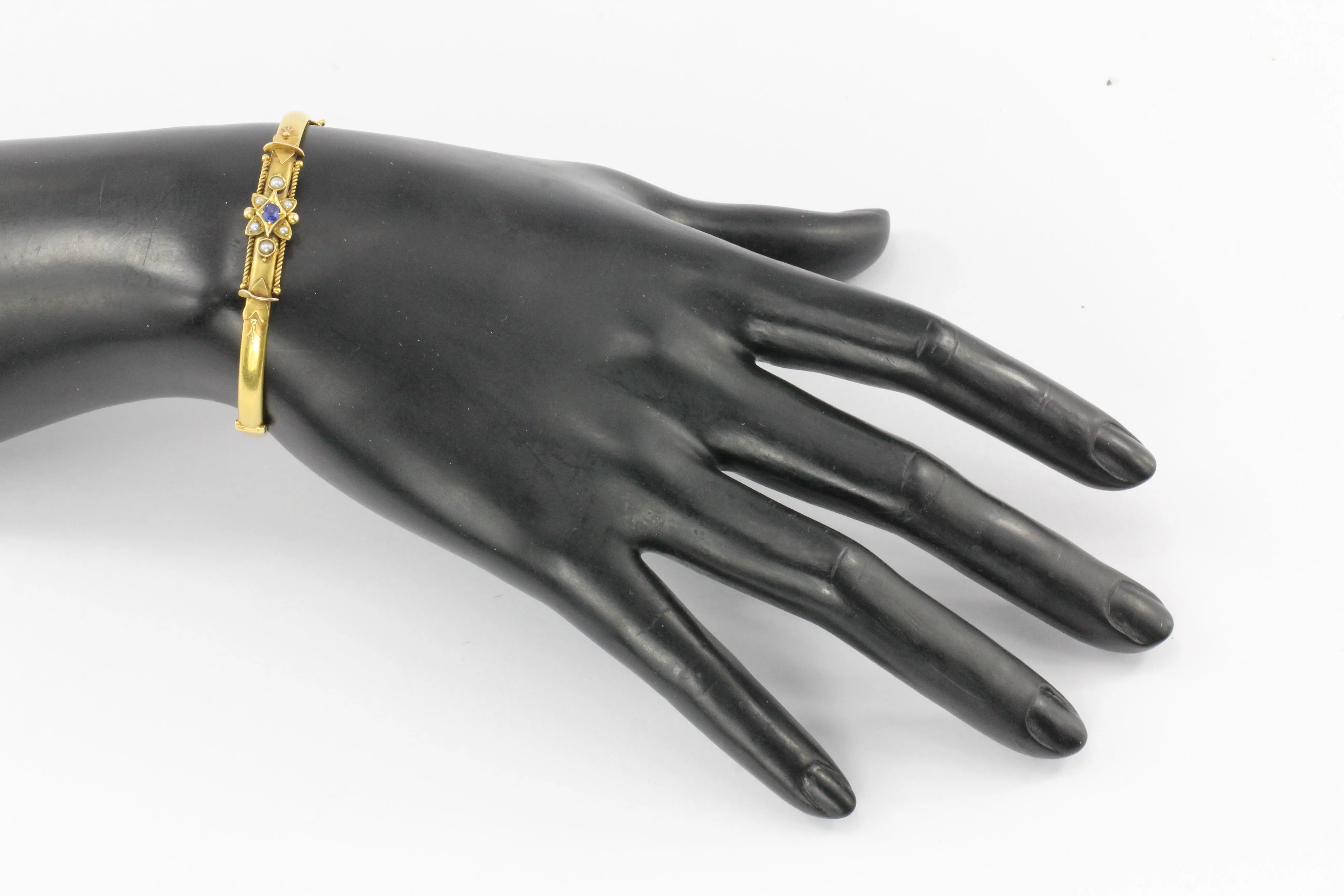 Victorian 15 CT Yellow Gold Sapphire and Seed Pearl Bangle Bracelet