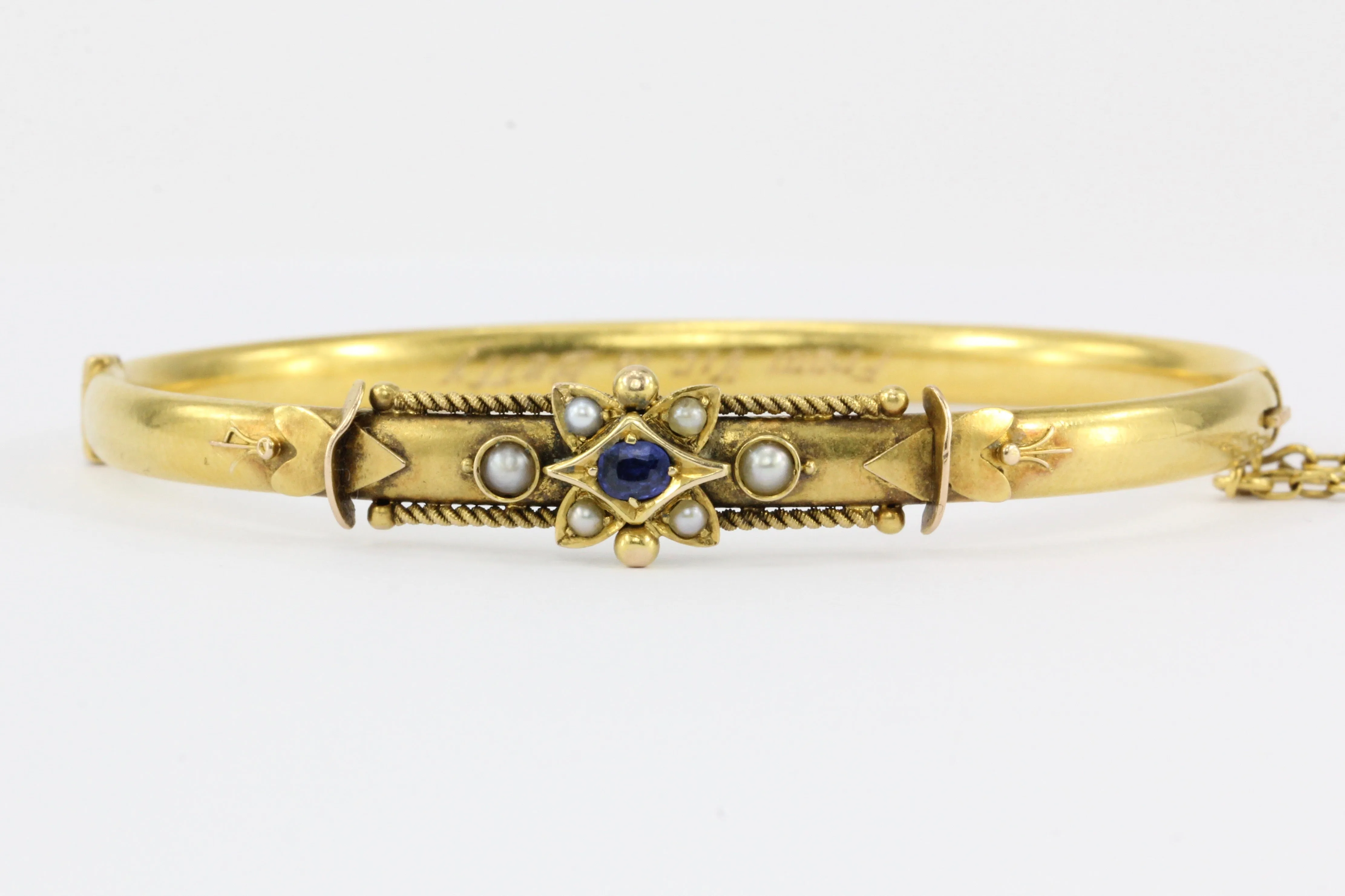 Victorian 15 CT Yellow Gold Sapphire and Seed Pearl Bangle Bracelet