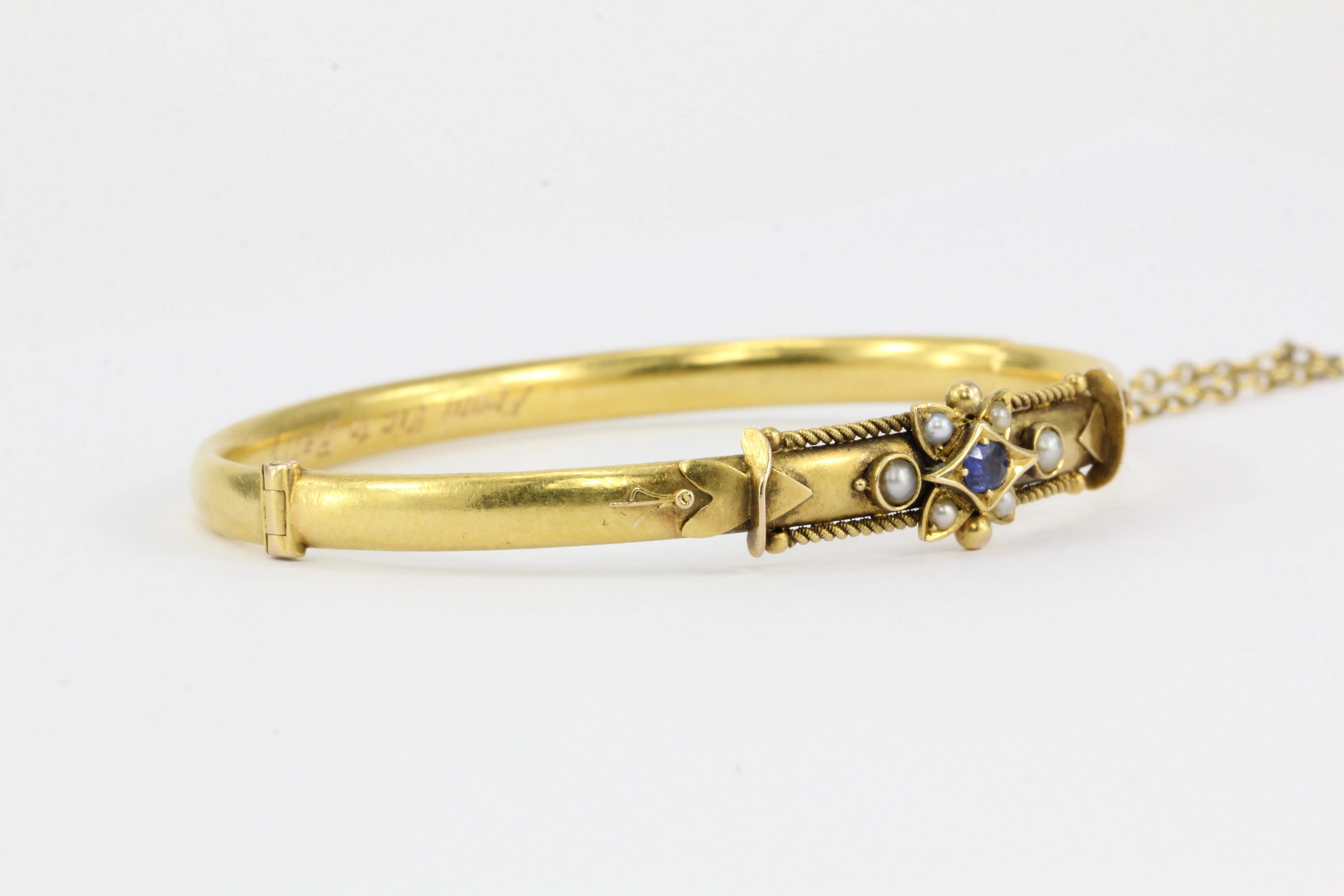 Victorian 15 CT Yellow Gold Sapphire and Seed Pearl Bangle Bracelet