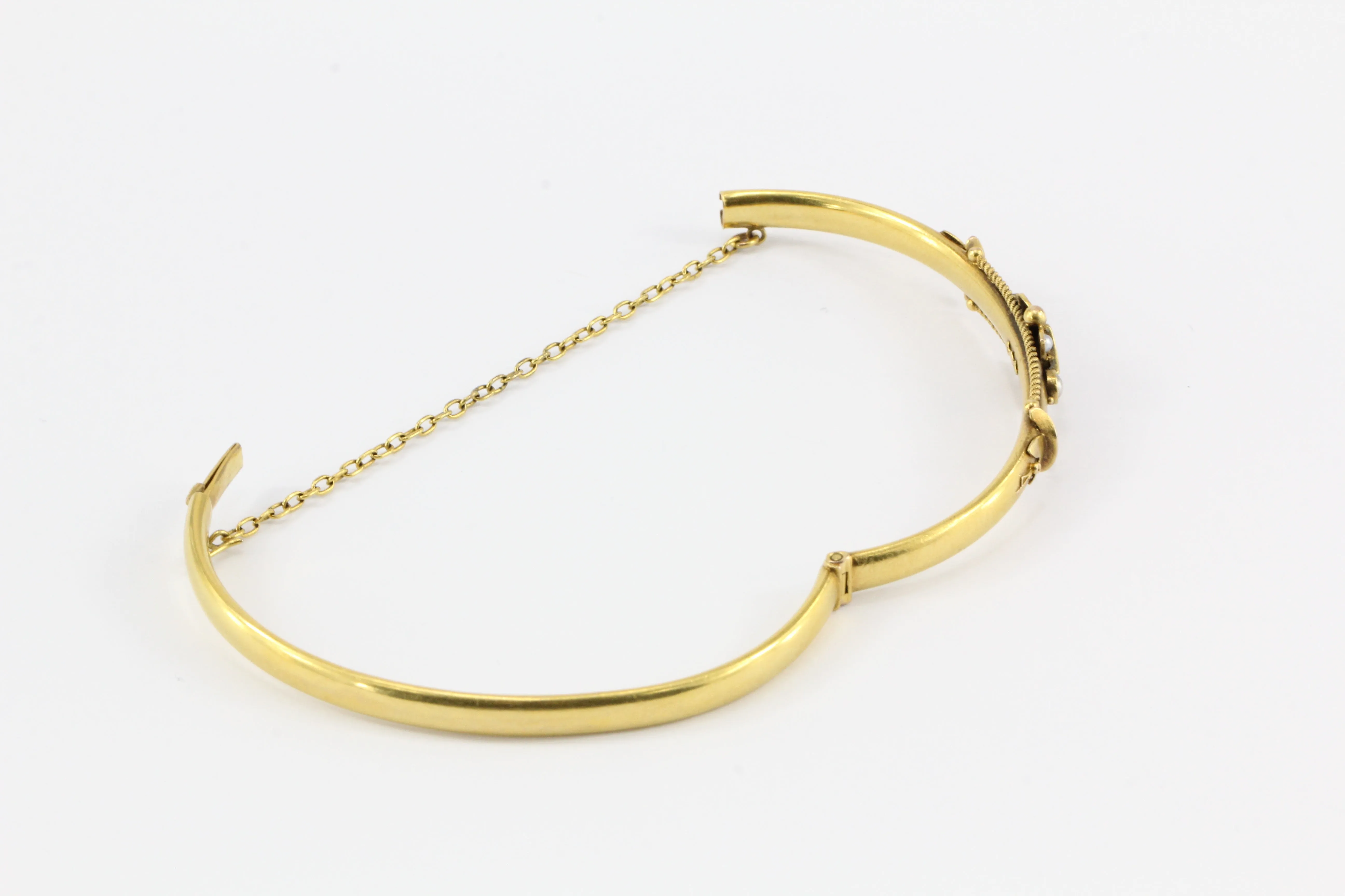 Victorian 15 CT Yellow Gold Sapphire and Seed Pearl Bangle Bracelet