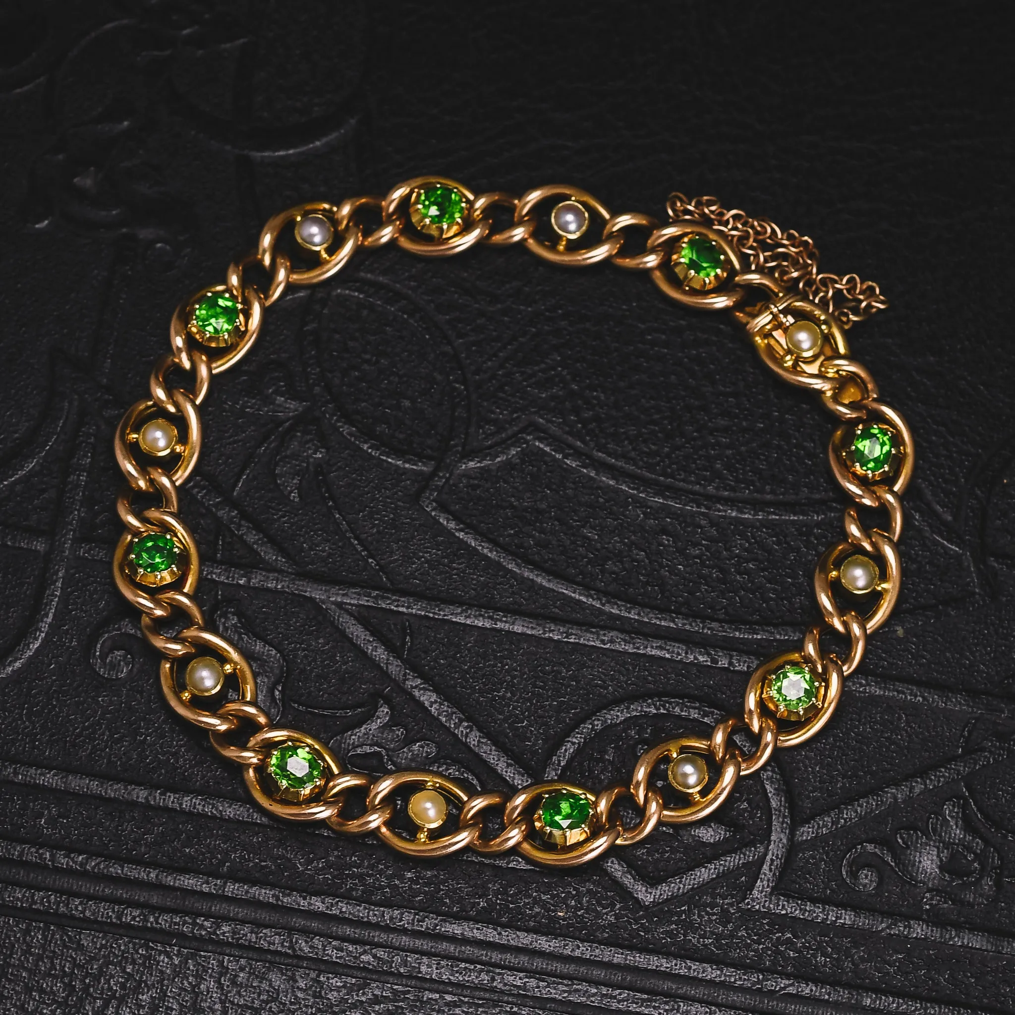 Victorian Demantoid Garnet & Pearl Curb-Link Bracelet