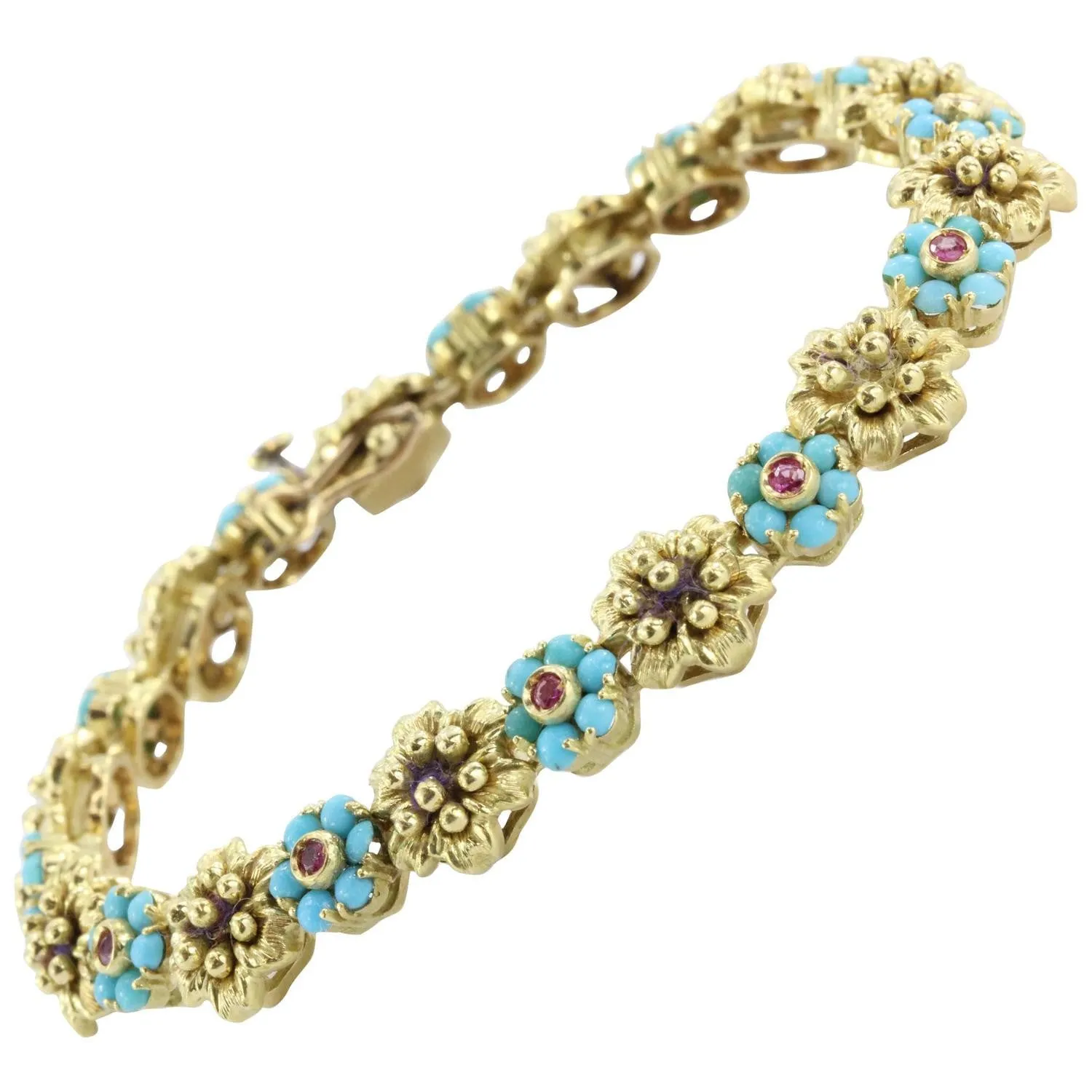 Vintage 18k Gold Persian Turquoise Genuine Ruby Floral Motif Bracelet Italy