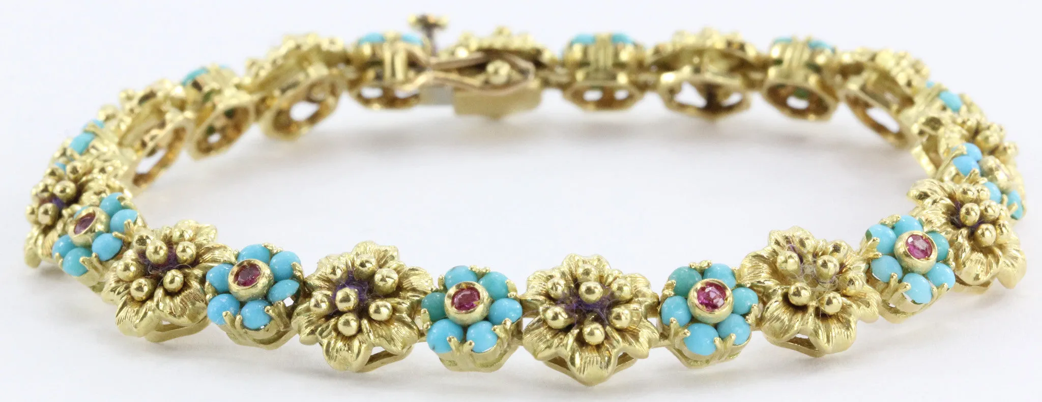 Vintage 18k Gold Persian Turquoise Genuine Ruby Floral Motif Bracelet Italy