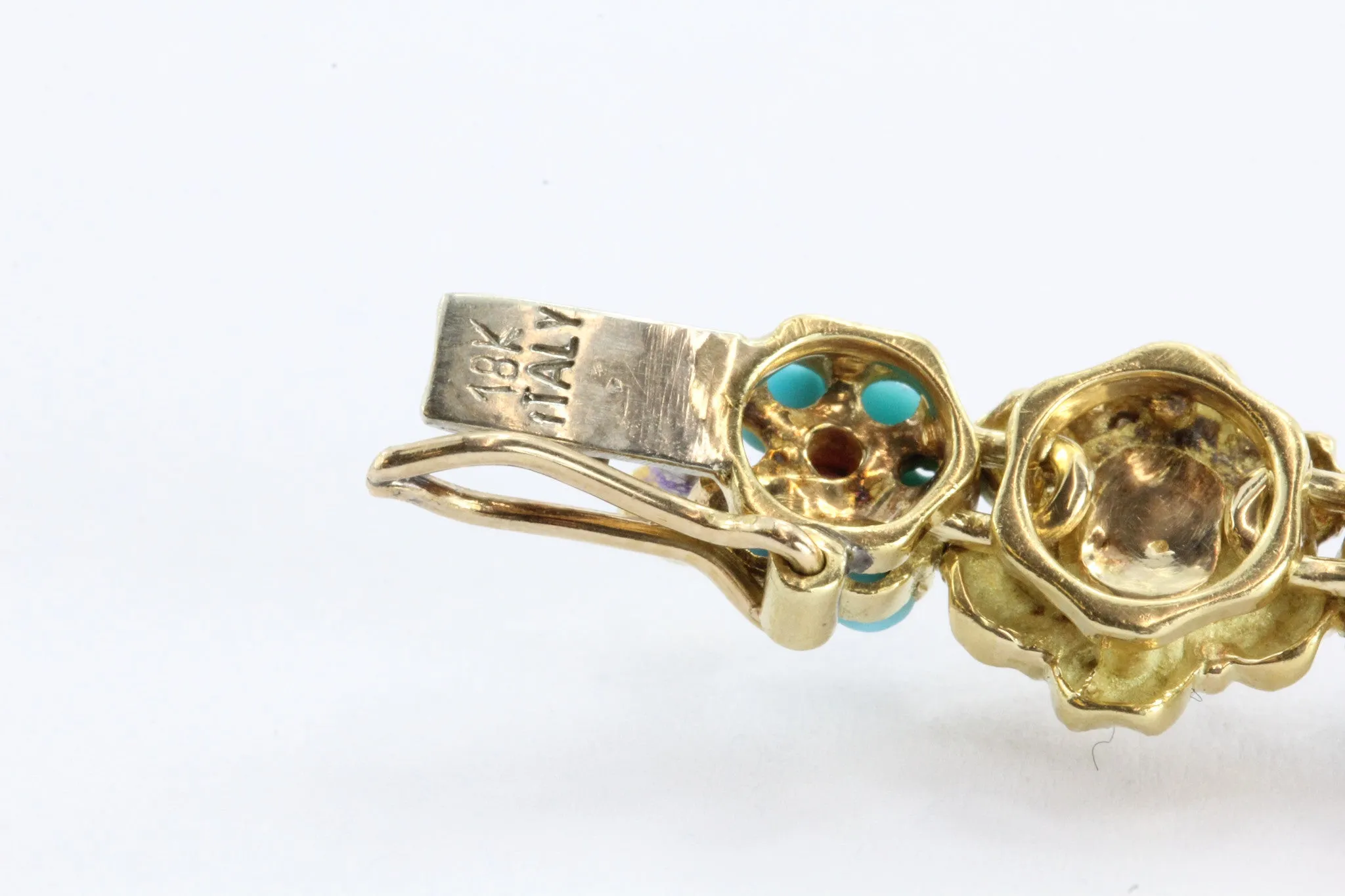 Vintage 18k Gold Persian Turquoise Genuine Ruby Floral Motif Bracelet Italy