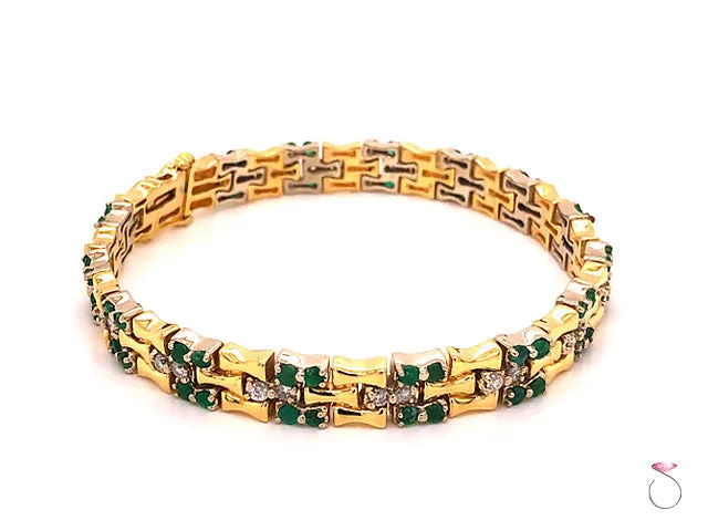 Vintage Emerald and Diamond Bamboo Design Bracelet 18k Yellow Gold