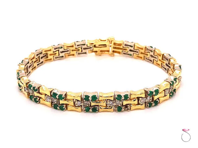 Vintage Emerald and Diamond Bamboo Design Bracelet 18k Yellow Gold