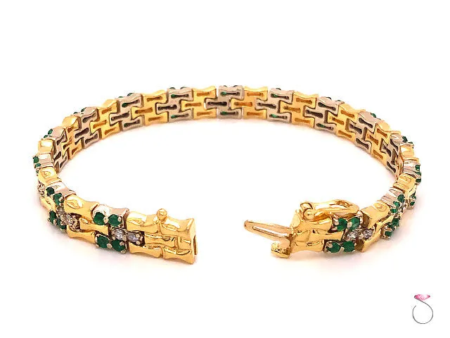 Vintage Emerald and Diamond Bamboo Design Bracelet 18k Yellow Gold