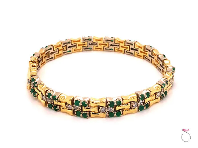Vintage Emerald and Diamond Bamboo Design Bracelet 18k Yellow Gold