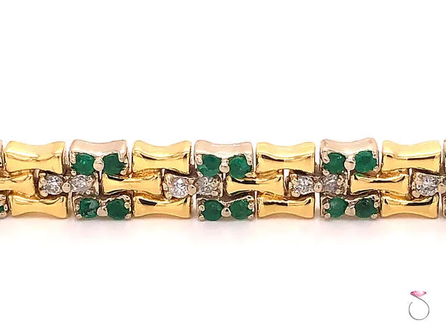 Vintage Emerald and Diamond Bamboo Design Bracelet 18k Yellow Gold