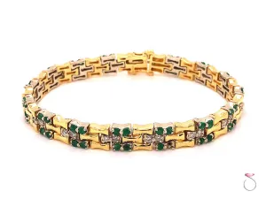 Vintage Emerald and Diamond Bamboo Design Bracelet 18k Yellow Gold