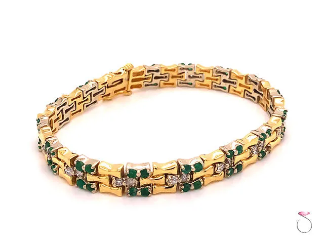 Vintage Emerald and Diamond Bamboo Design Bracelet 18k Yellow Gold