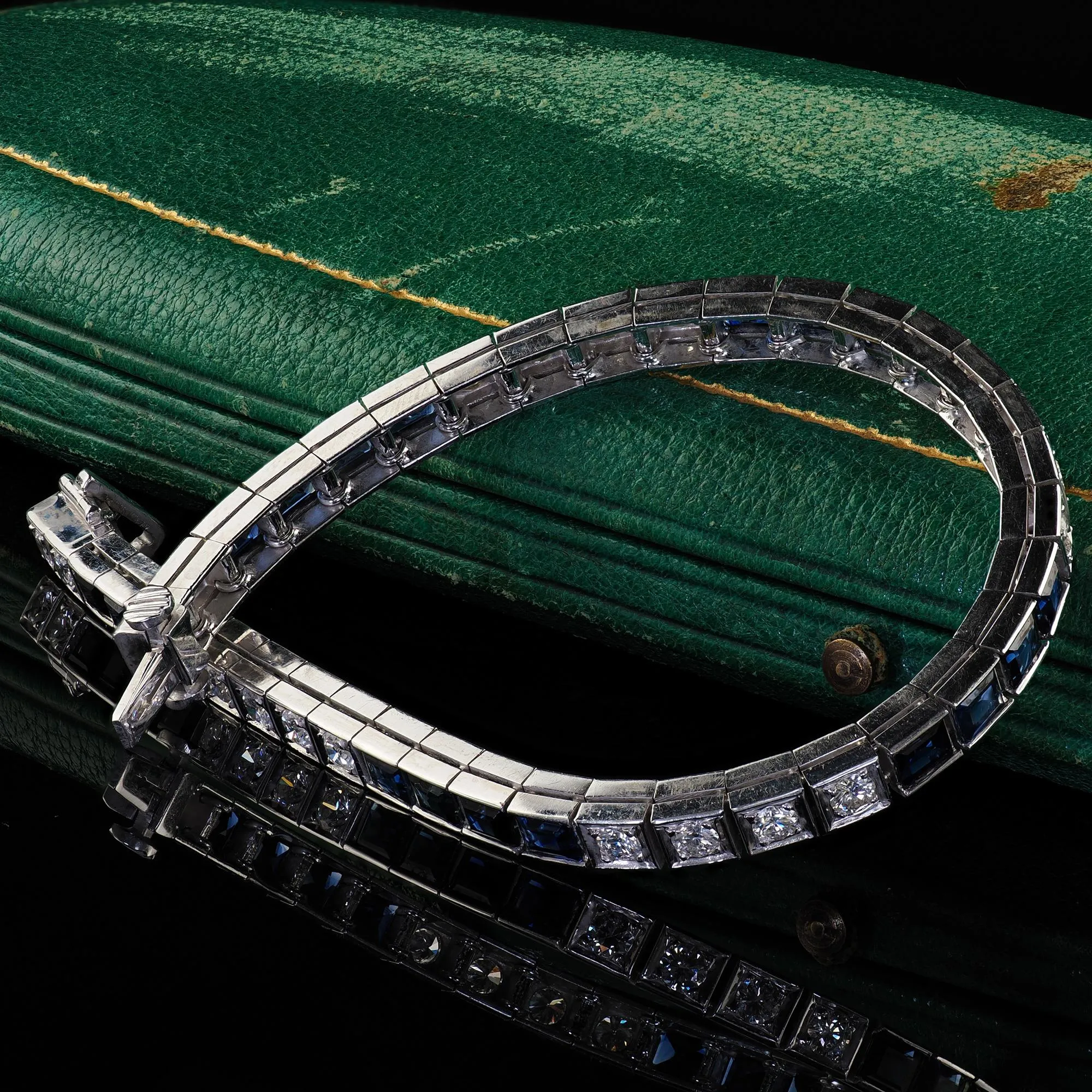 Vintage Estate 14K White Gold Diamond and Sapphire Line Bracelet - 7 1/4 inches