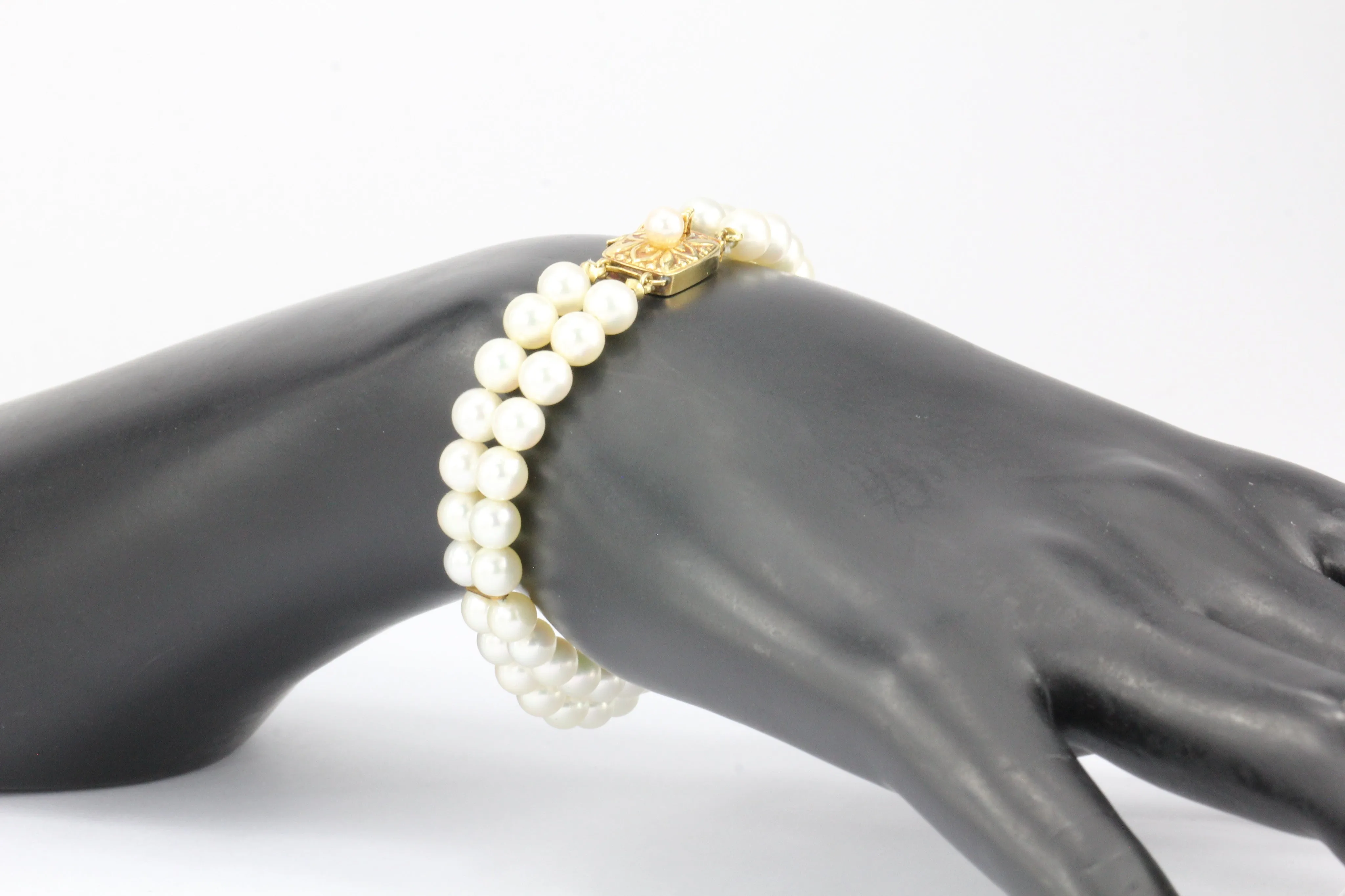 Vintage Mikimoto Double Strand Pearl 18K Gold Bracelet