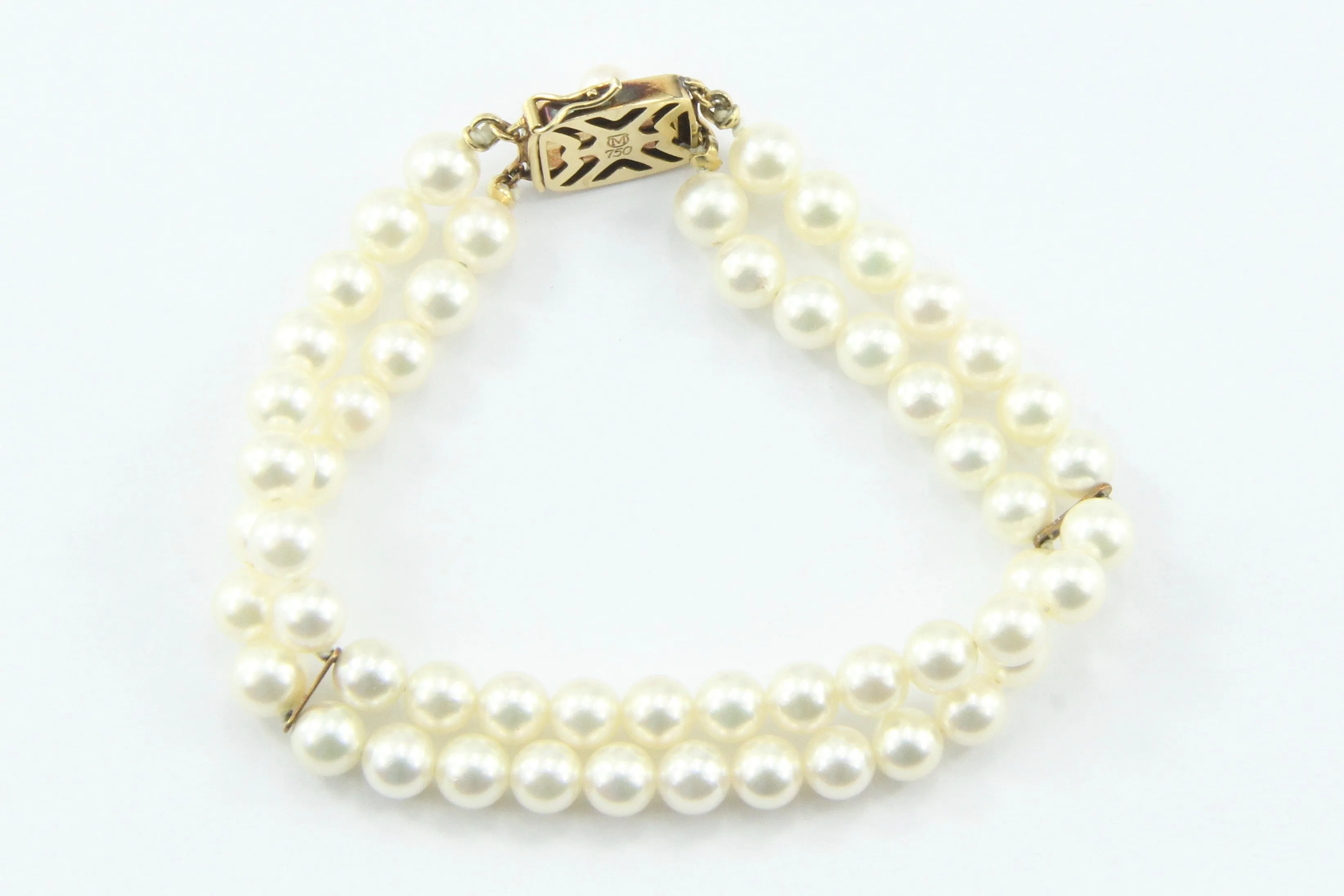 Vintage Mikimoto Double Strand Pearl 18K Gold Bracelet