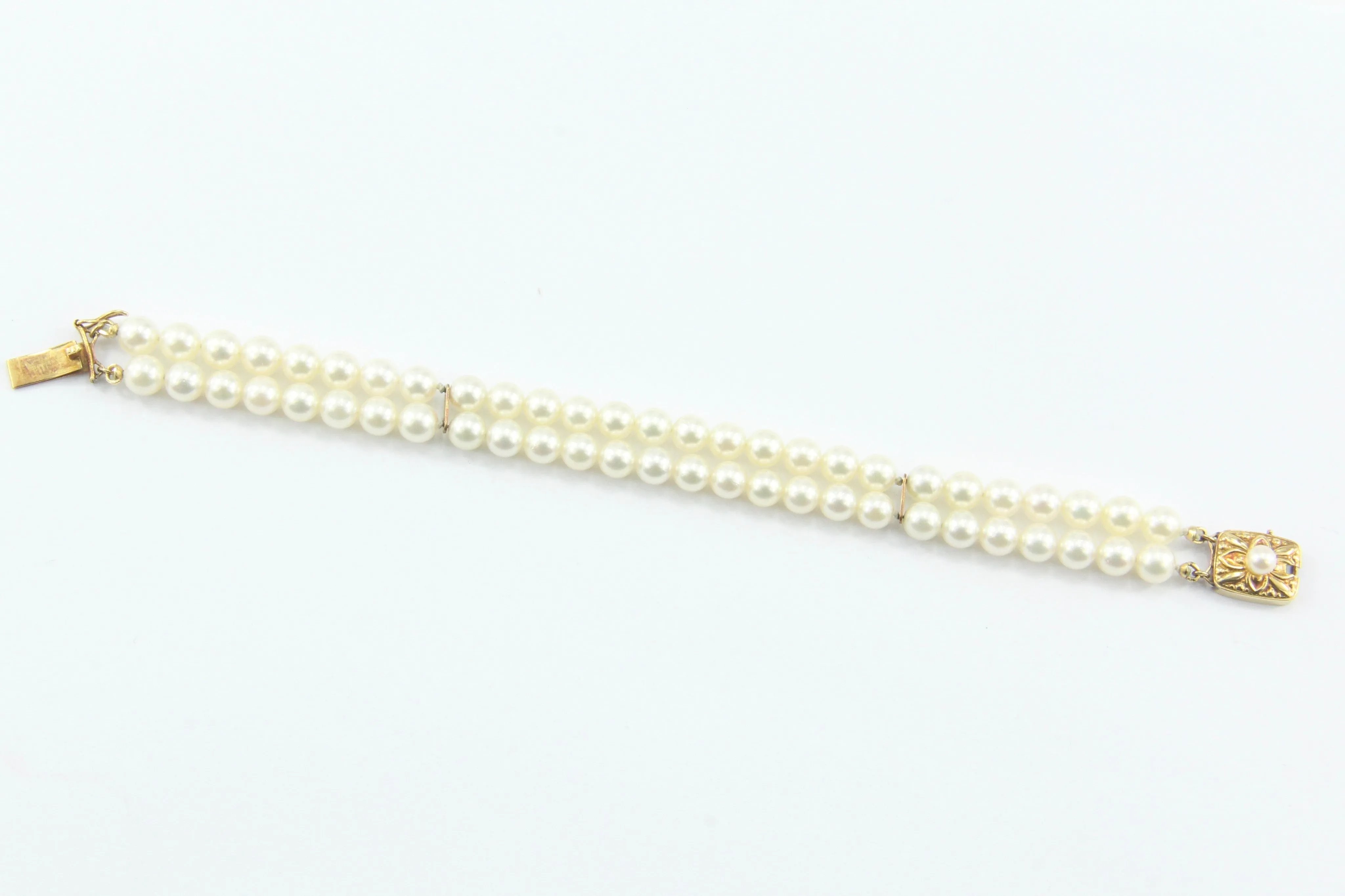 Vintage Mikimoto Double Strand Pearl 18K Gold Bracelet