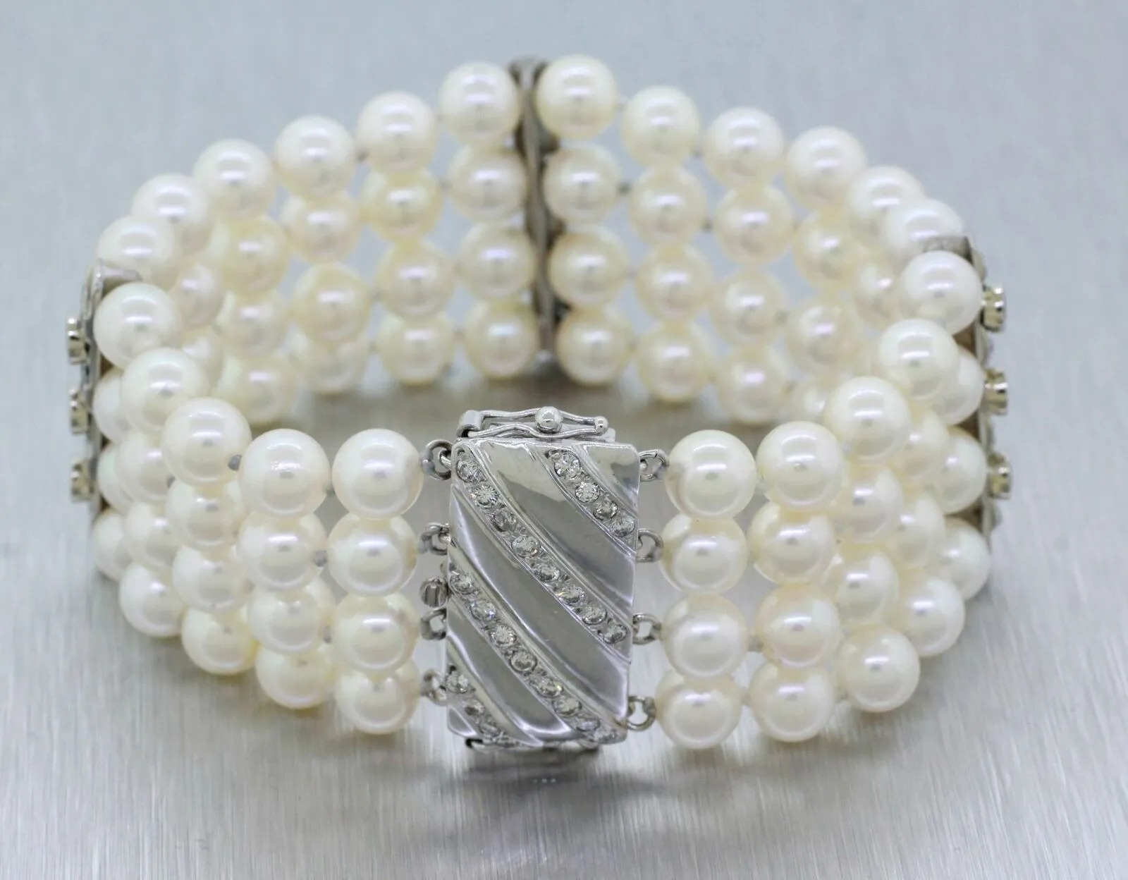 Vintage Natural Pearl and 1.00ctw Diamond Bracelet - 14k White Gold - Size 5.50"
