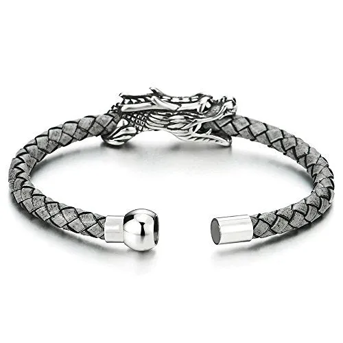 Vintage Stainless Steel Dragon Bangle Bracelet Grey Genuine Braided Leather Wristband, for Men