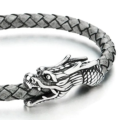 Vintage Stainless Steel Dragon Bangle Bracelet Grey Genuine Braided Leather Wristband, for Men